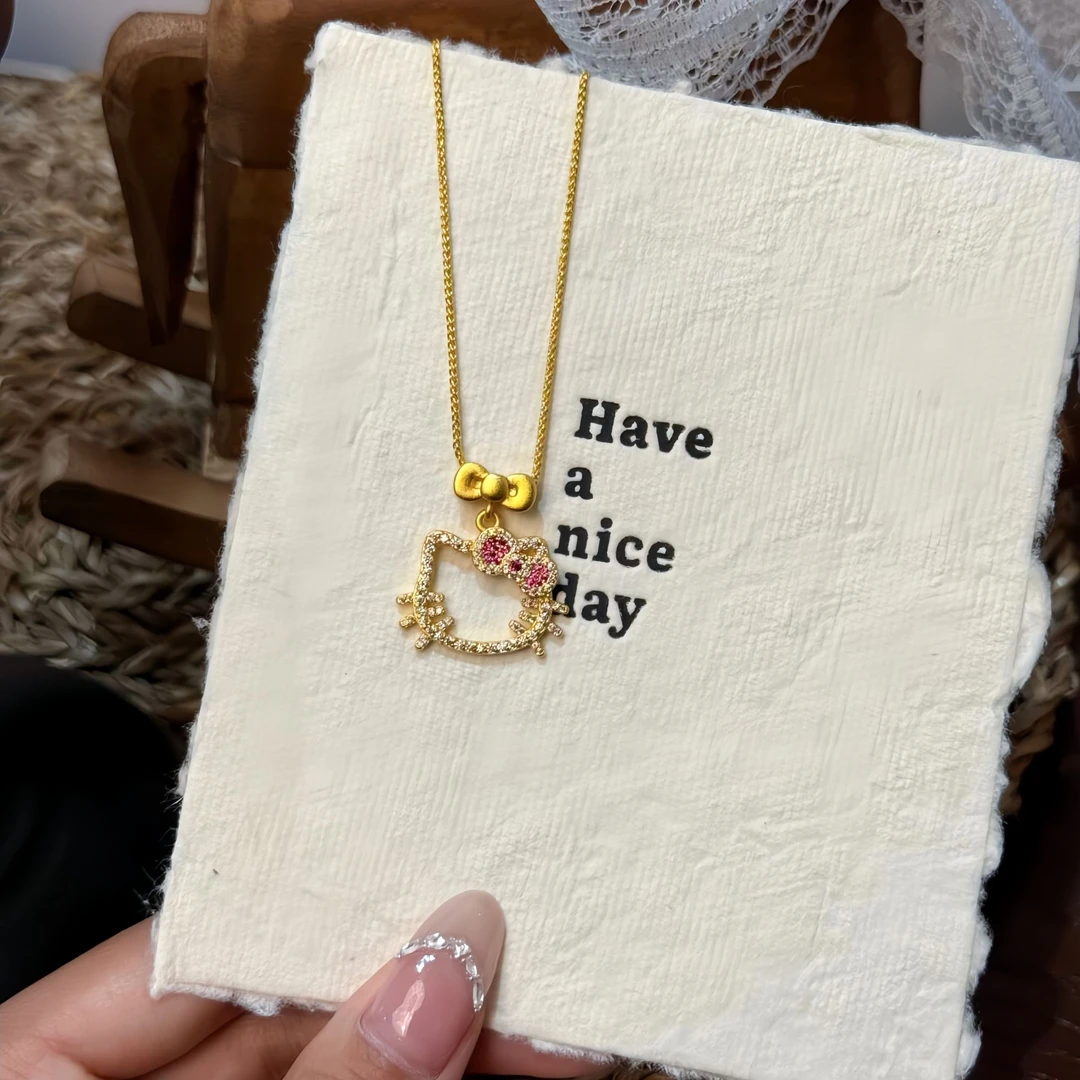 铜合金吊坠 小红书爆款镂空满钻猫猫KT吊坠项链可爱少女卡通蝴蝶