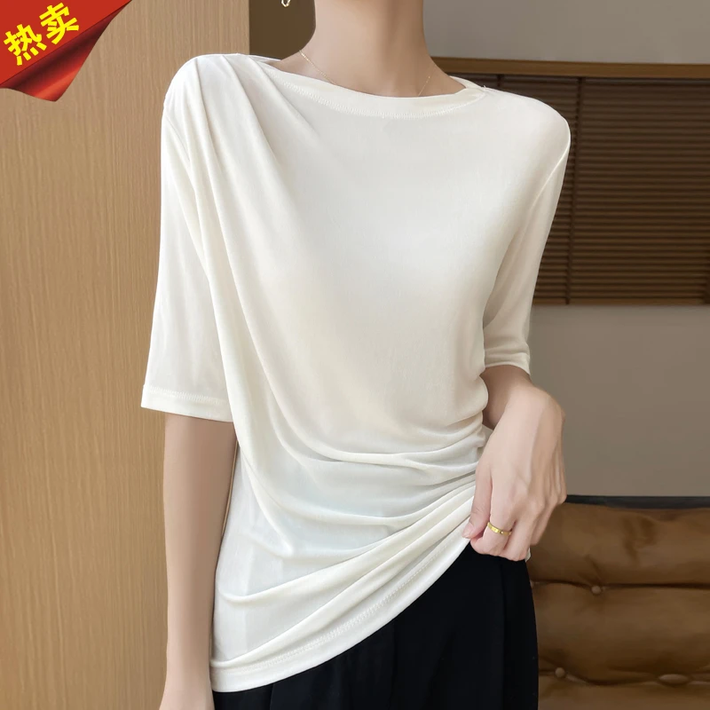 哥弟阿玛施正品一字肩荡领短袖T恤女夏季新款设计感正肩显瘦上衣