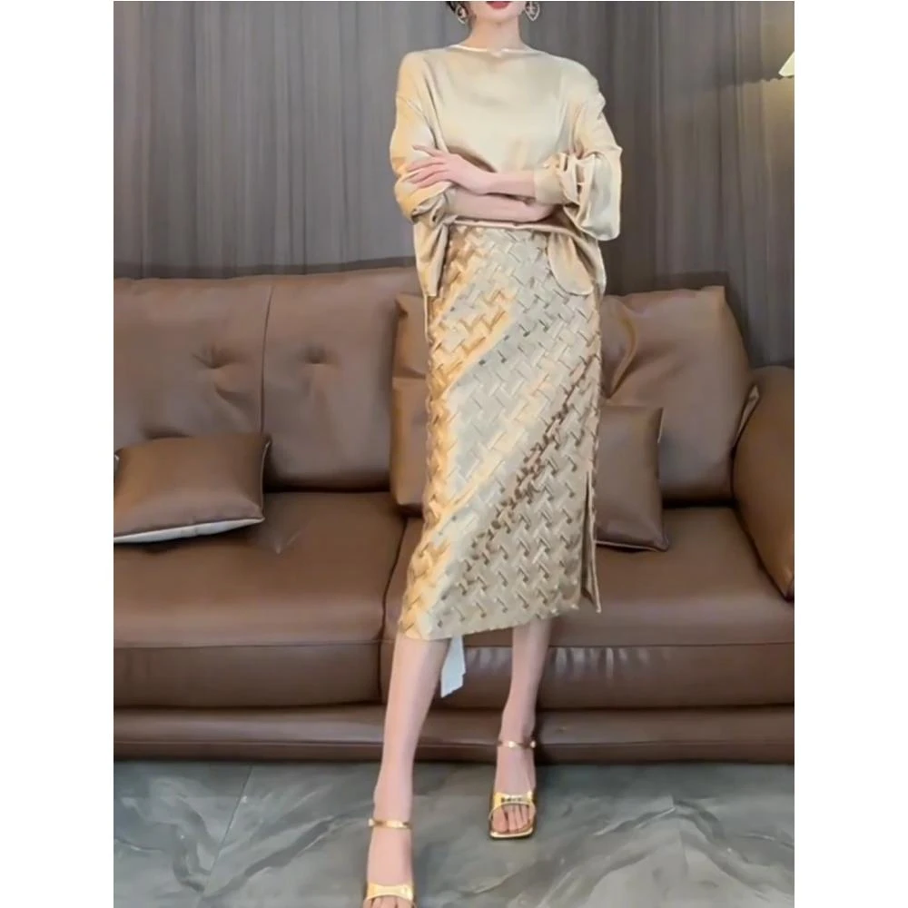 编制显瘦温柔复古香槟金半身裙女大码高腰简约百搭编织款A字裙子