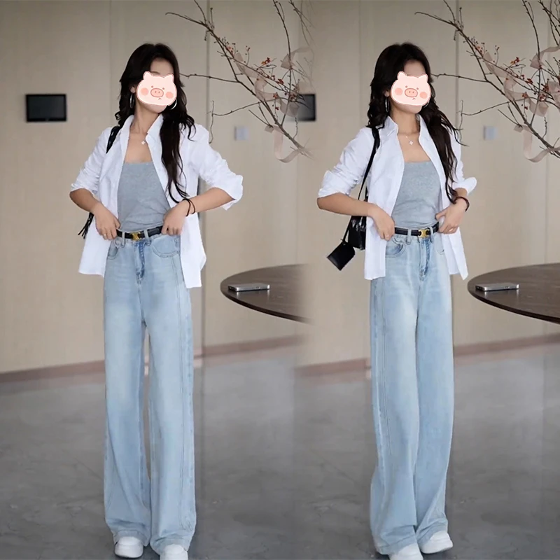 小个子穿搭一整套女春秋款爆款法式宽松百搭衬衫牛仔直筒裤两件套