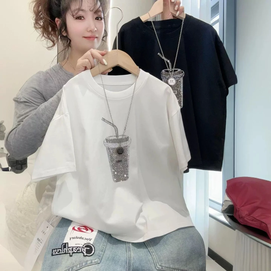 宠粉专属25新款轻奢纯棉短袖T恤亮钻青春潮流运动时尚百搭休闲