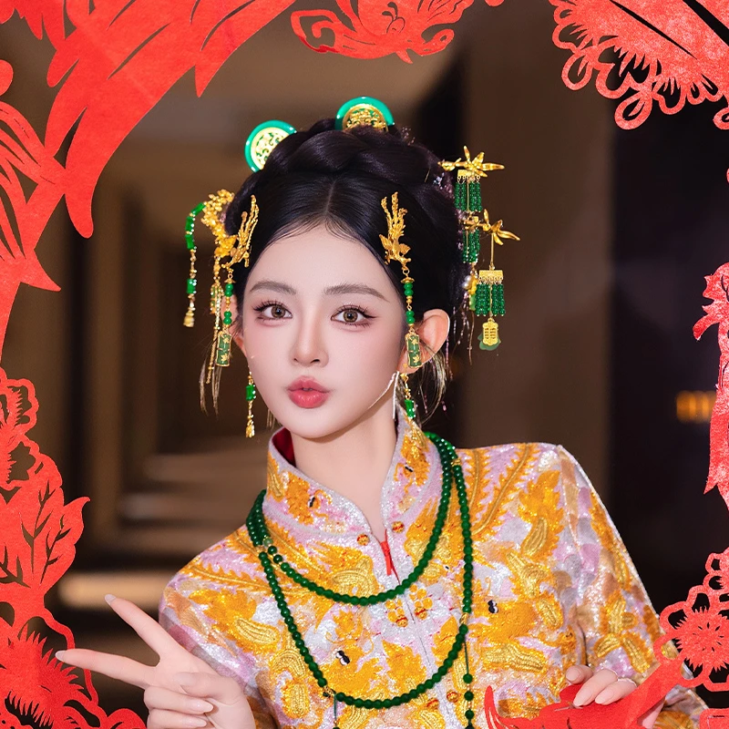 合金婚庆饰品 国风新娘金绿色气质高级感新中式结婚配饰MT0157