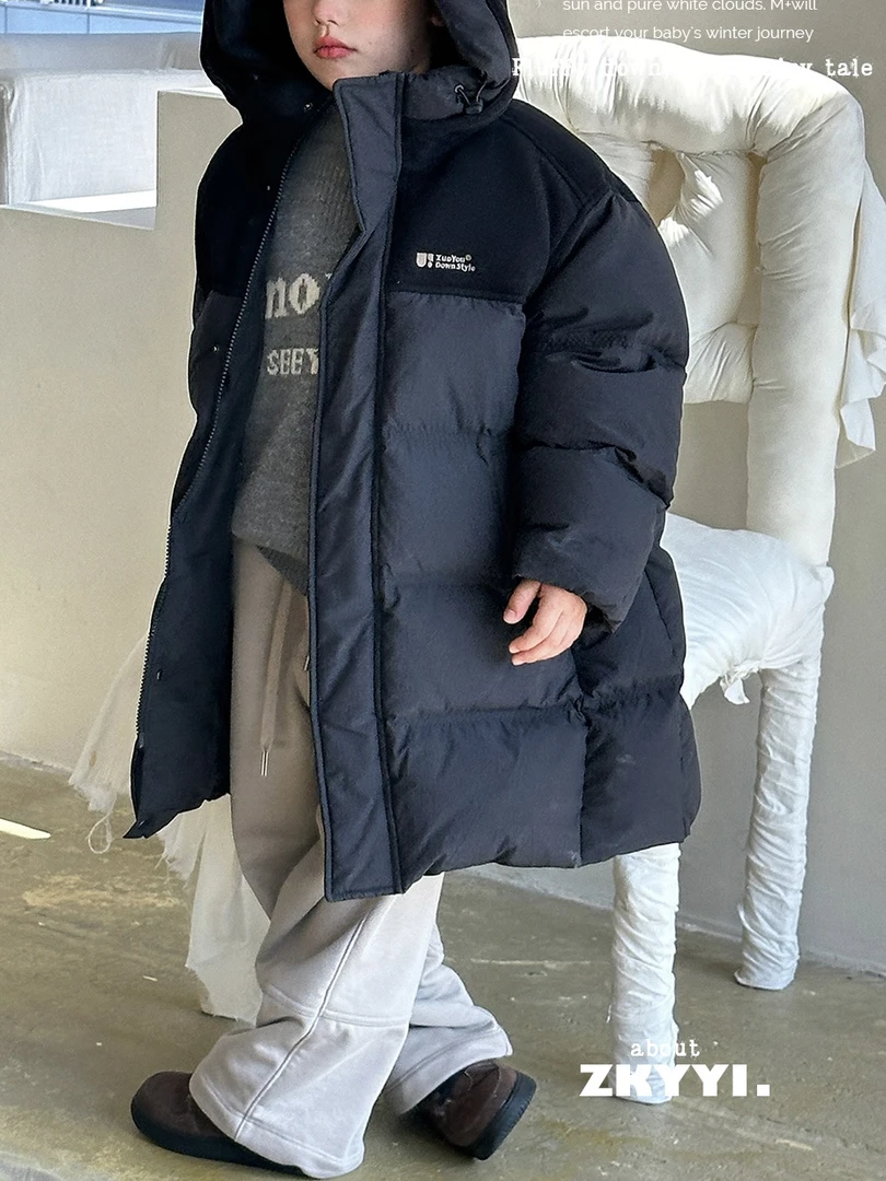 2022童装拼接连帽长款羽绒服