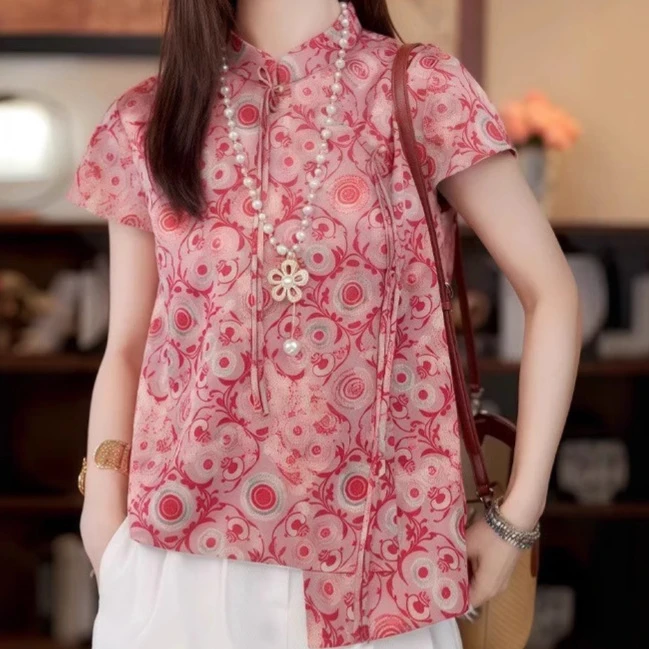 中式国风女装2025新款独特超好看单穿粉色印花上衣夏季设计感衬衫