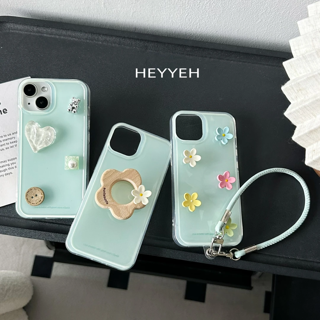 韩式ins风绿色立体花朵适用iPhone16苹果15promax手机壳13防摔