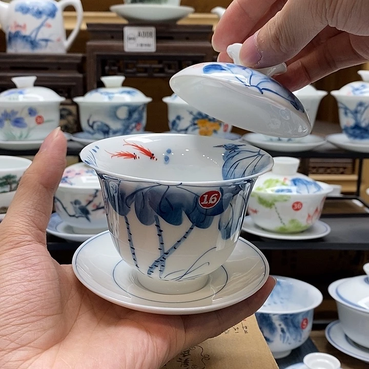 手绘内外绘荷花盖碗160cc三才釉下彩微瑕福利款