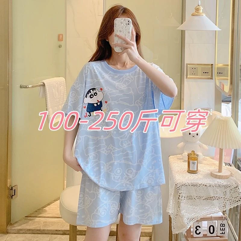 特大码250斤短袖棉睡衣套装女夏季胖MM200斤薄款家居服两件套