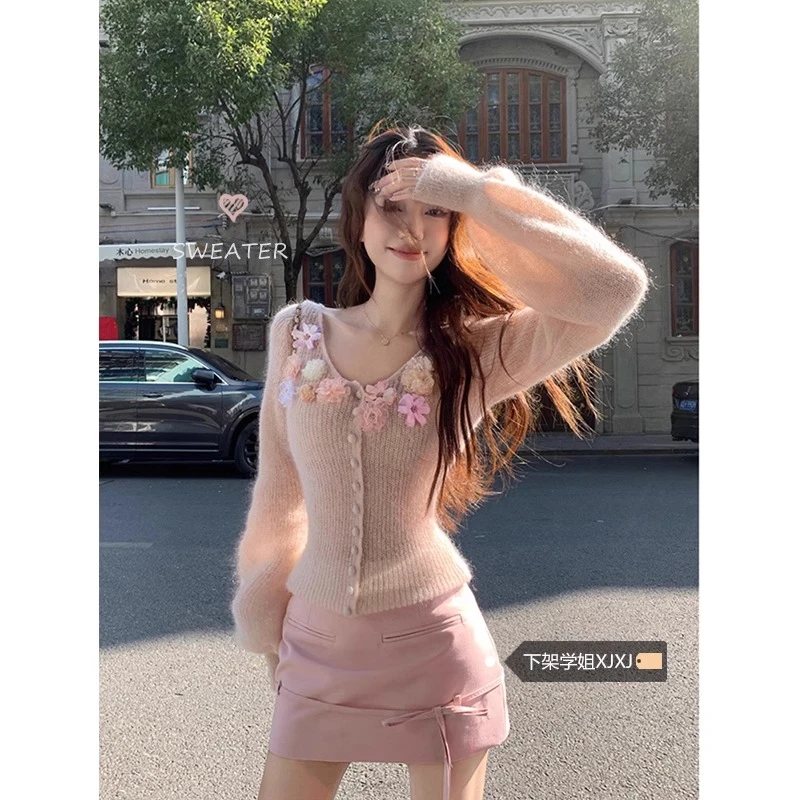 手工花朵设计感针织开衫女春季2025新款修身显瘦甜美气质上衣02