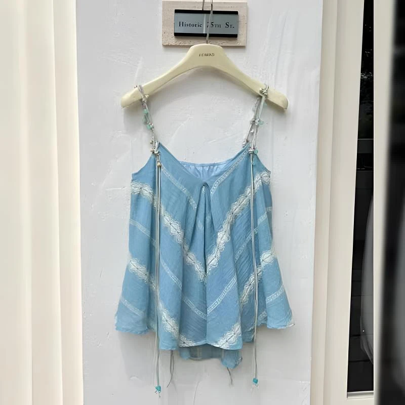 波西米亚度假风蓝色蕾丝拼接吊带背心女夏季设计感不规则无袖上衣
