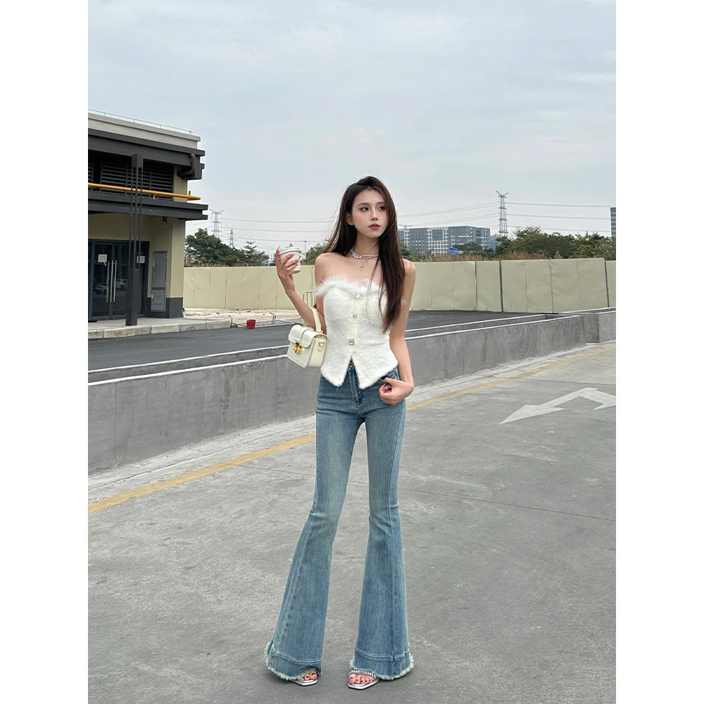 IFMR•小雪•春夏季高腰修身微喇叭牛仔裤女显瘦轻奢弹力毛边喇叭裤