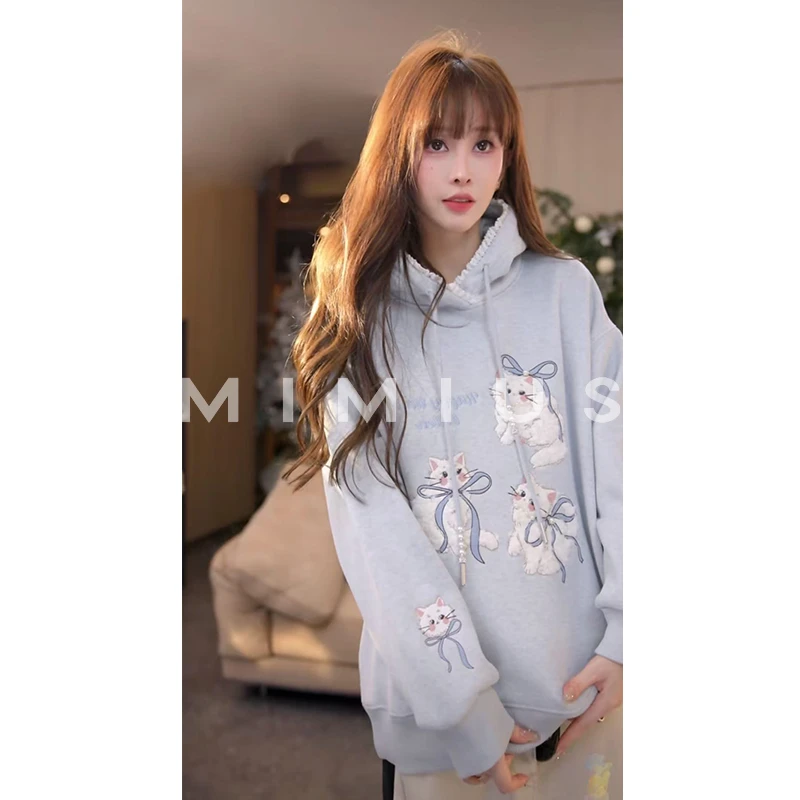【mimius】P 玛丽小猫加绒加厚花边拼接连帽卫衣 G11228