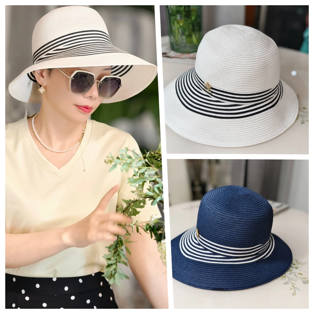 [赫本风条纹帽]春夏户外百搭渐变遮阳透气防晒旅游出街时尚可折叠
