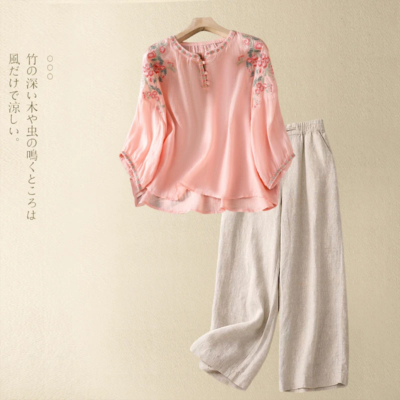 夏季宽松休闲国风刺绣显瘦圆领纯色上衣衬衫阔腿裤时尚高档套装女