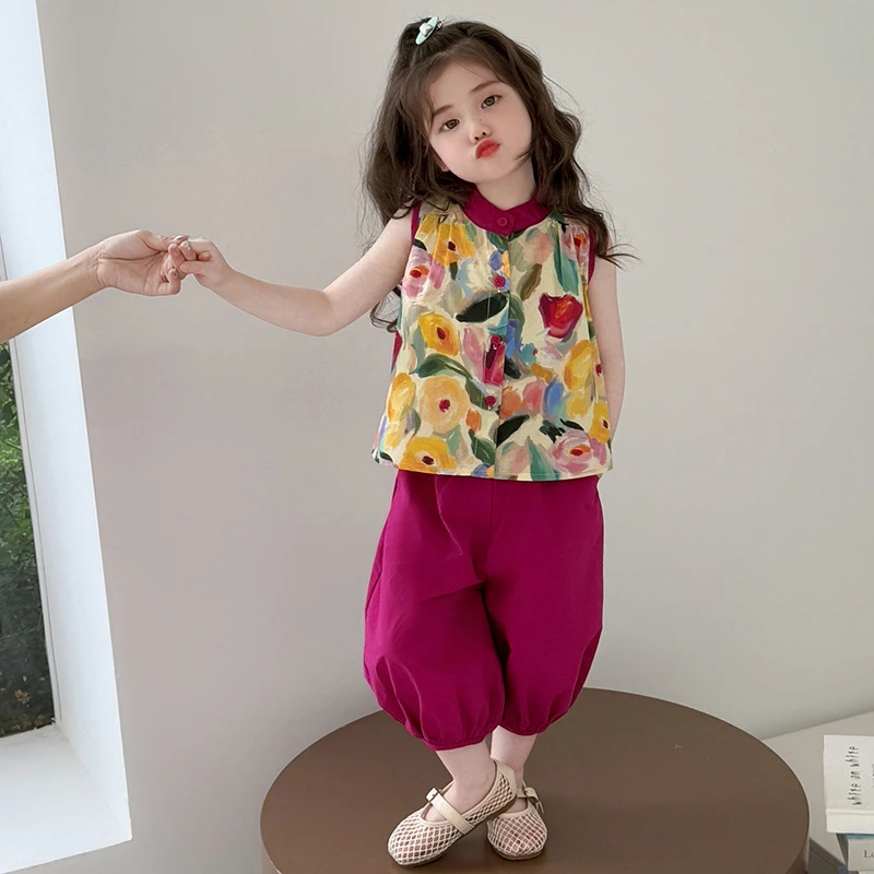 女童夏套装2025新款时尚洋气儿童夏季薄款油画风背心灯笼裤两件套
