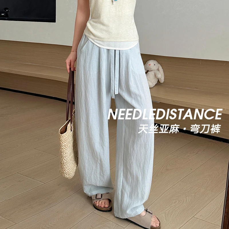 天丝亚麻阔腿裤子女2025夏季薄款棉麻裤高腰宽松垂感慵懒风山本裤