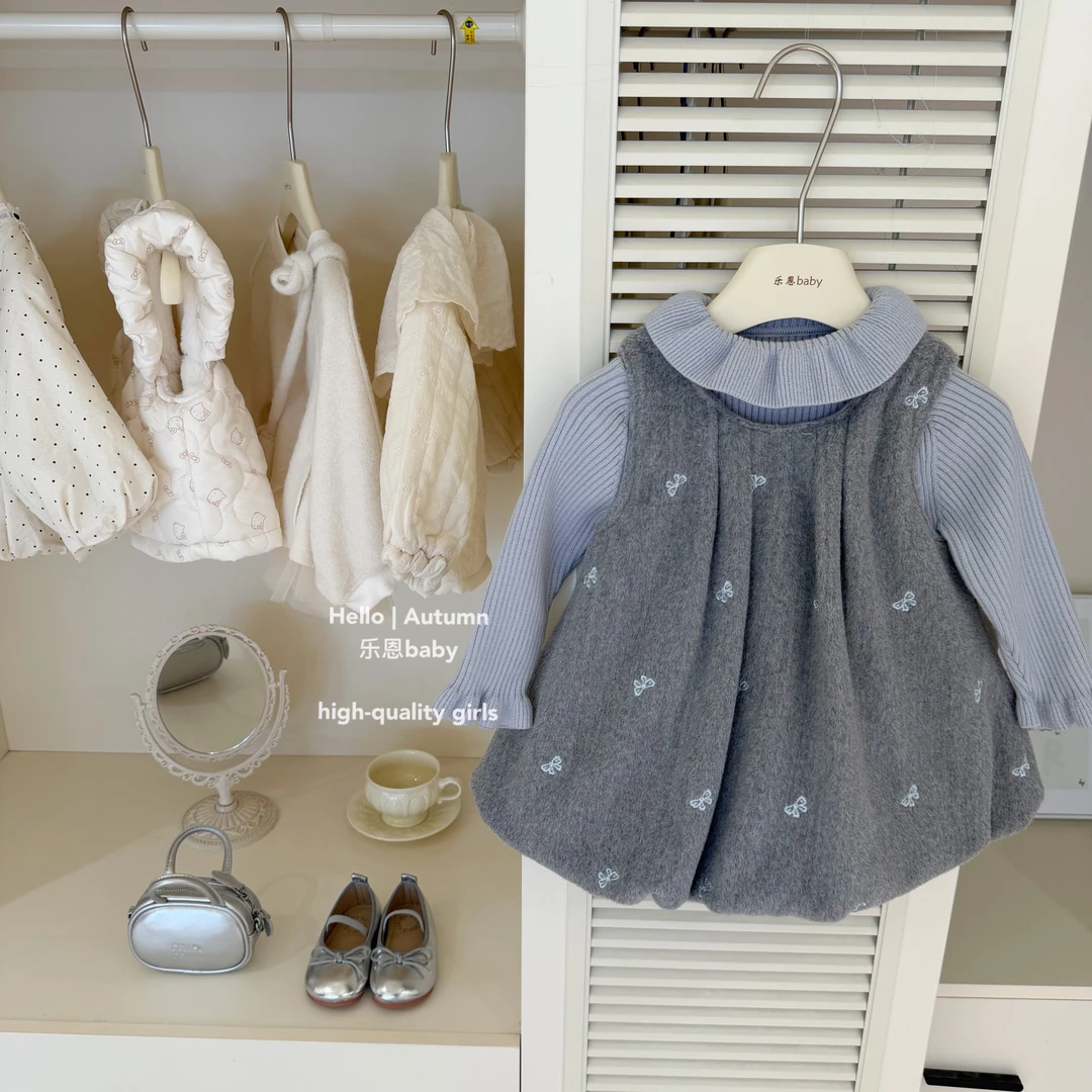 【乐恩童装】原创设计秋冬女童高领打底毛衣蝴蝶结夹棉背心裙套装