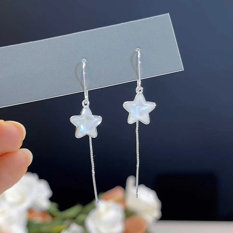 铜合金耳饰 简约炫彩五角星耳线时尚小众设计高级感长流苏耳环女