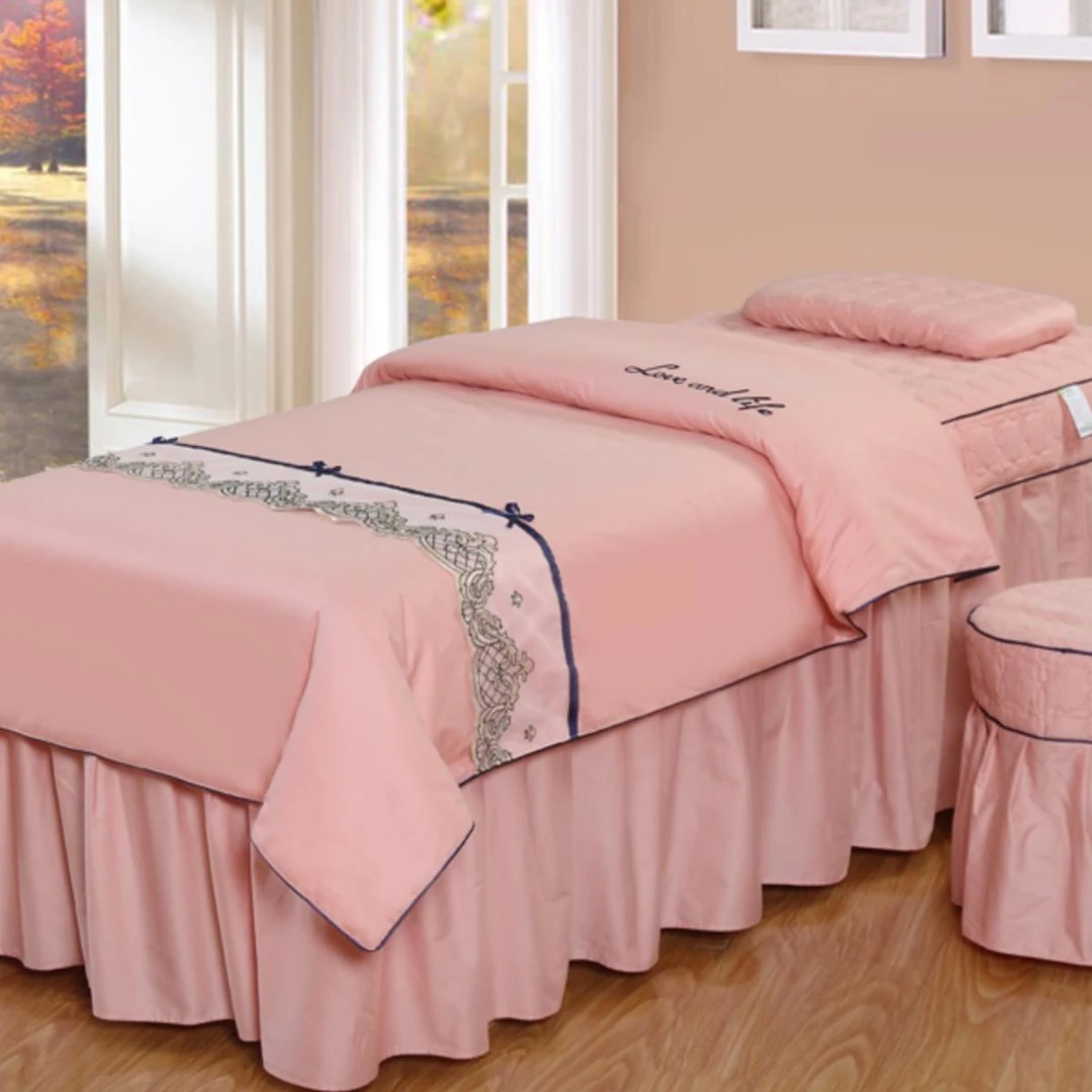 素色简约新品刺绣高端美容床罩按摩理疗SPA四件套肉粉色定做高档