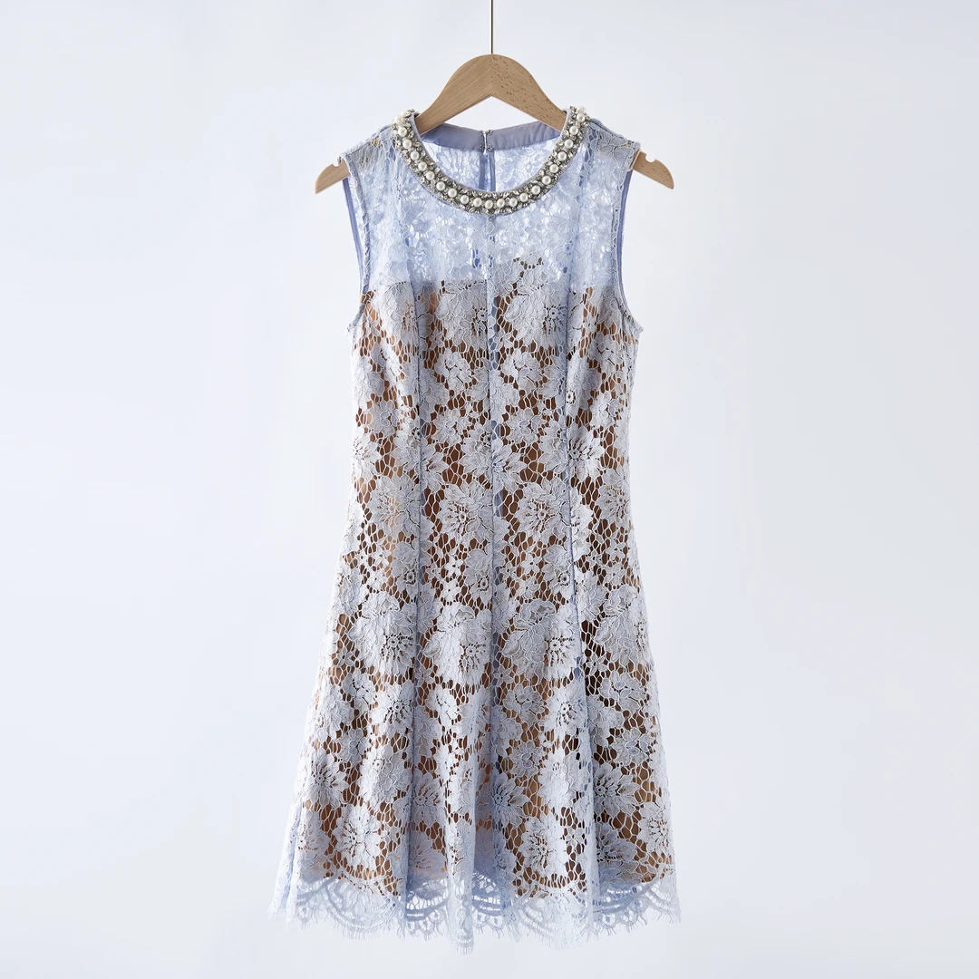 【YS11345】25夏新款薄雾蓝重工钻饰蕾丝A字无袖连衣裙