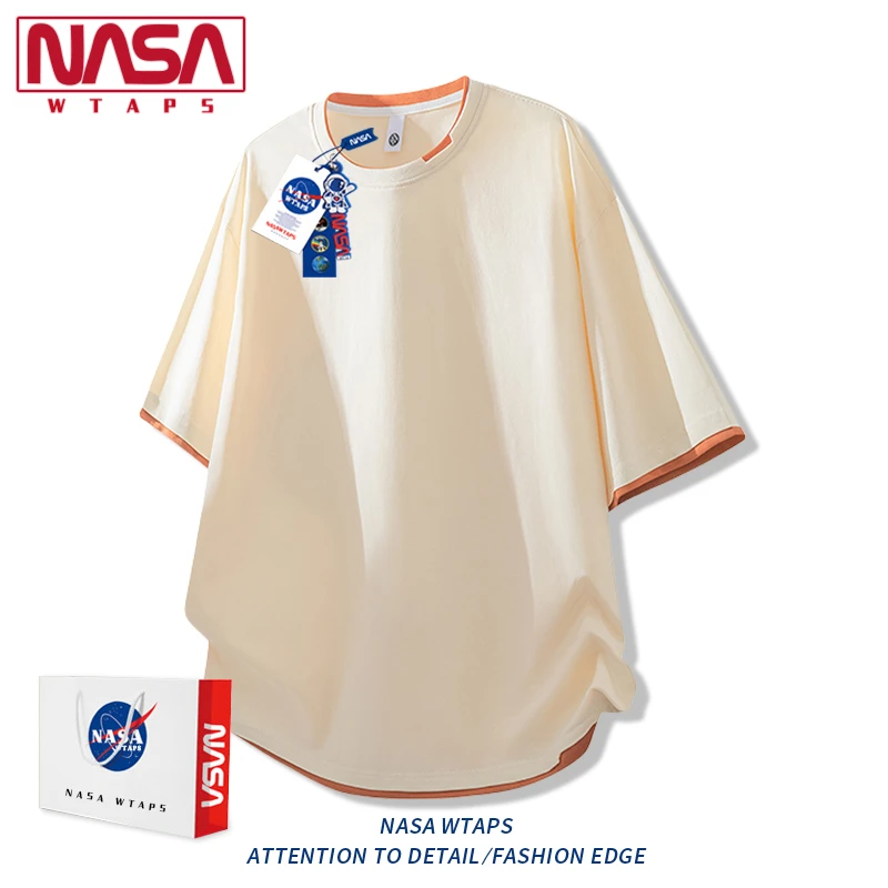 NASA WTAPS短袖t恤男假两件纯棉宽松夏季薄款透气凉感圆领上衣