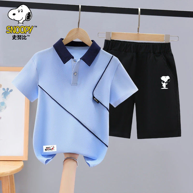 史努比男童夏季套装夏装2025中大童短袖两件套POLO衫儿童男孩帅气
