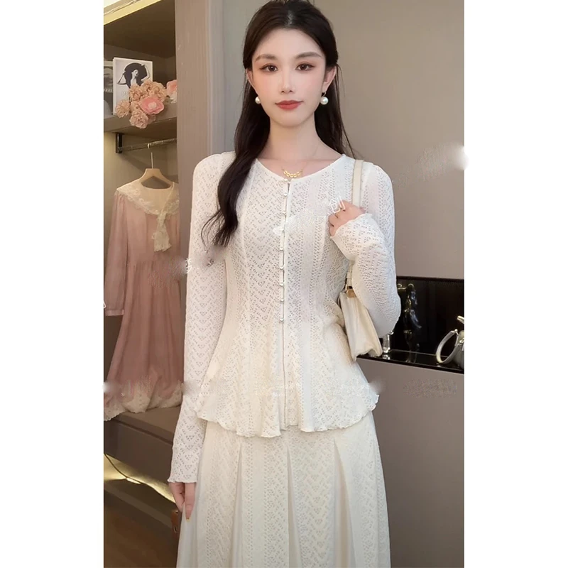 【现货黑标旗舰版】拂雪​秋季纯色针织蕾丝时尚休闲气质显瘦套装