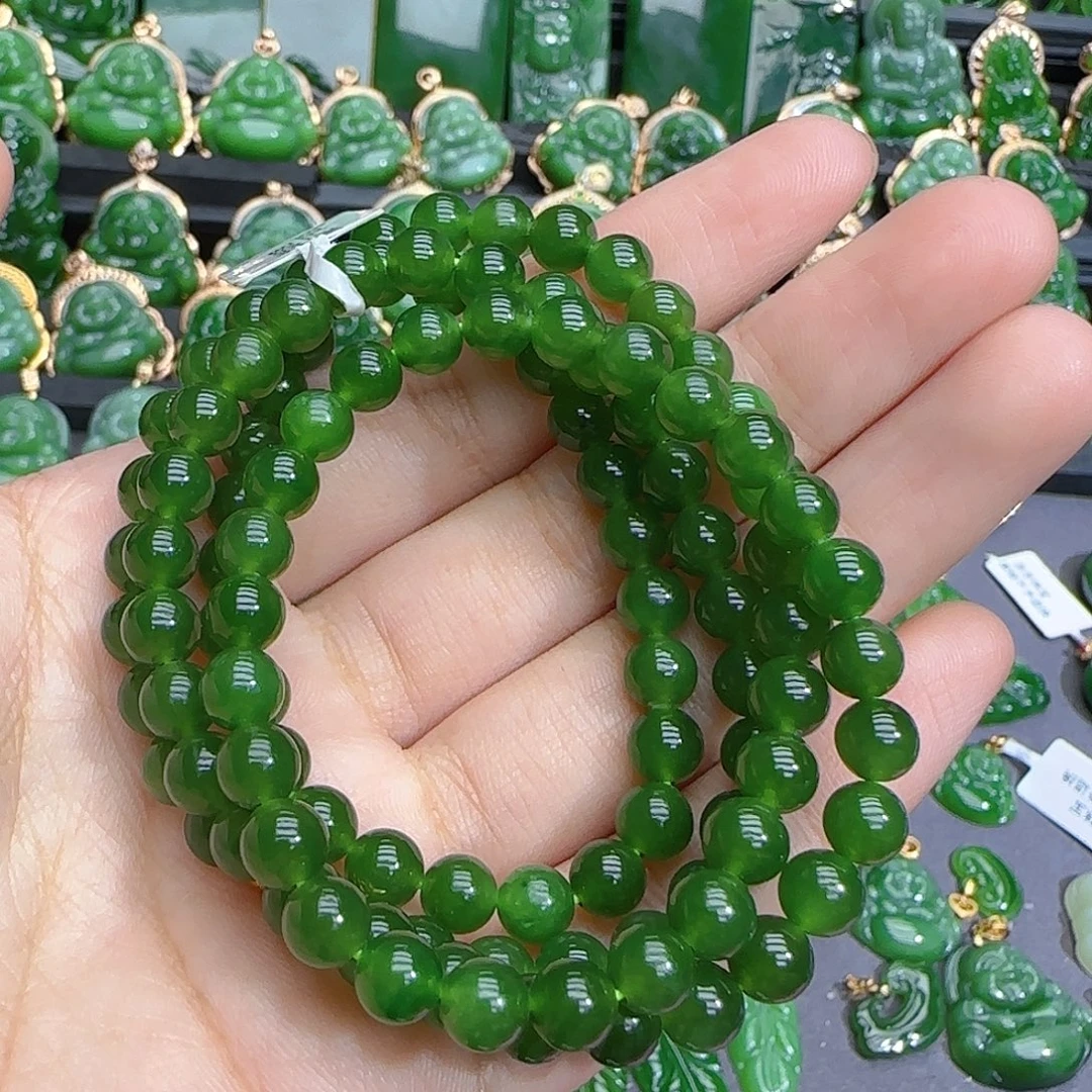 和田玉（碧玉）未镶嵌颈饰卡六阳绿多圈