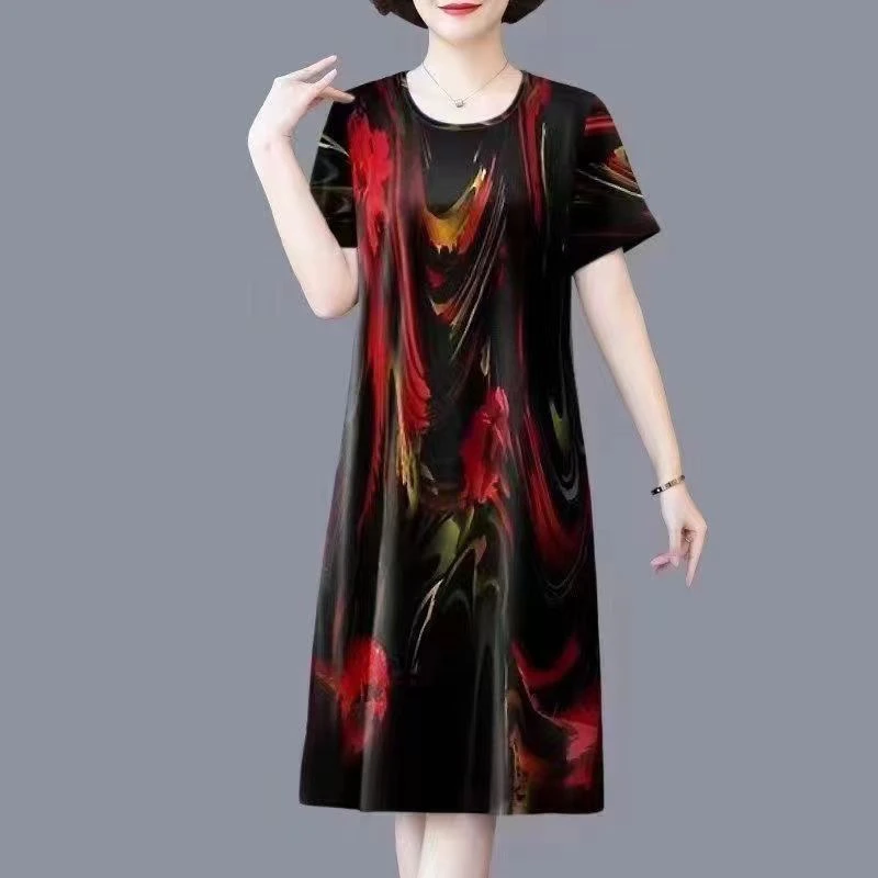 中老年夏季新款冰丝印花大码宽松显瘦中长连衣裙妈妈装