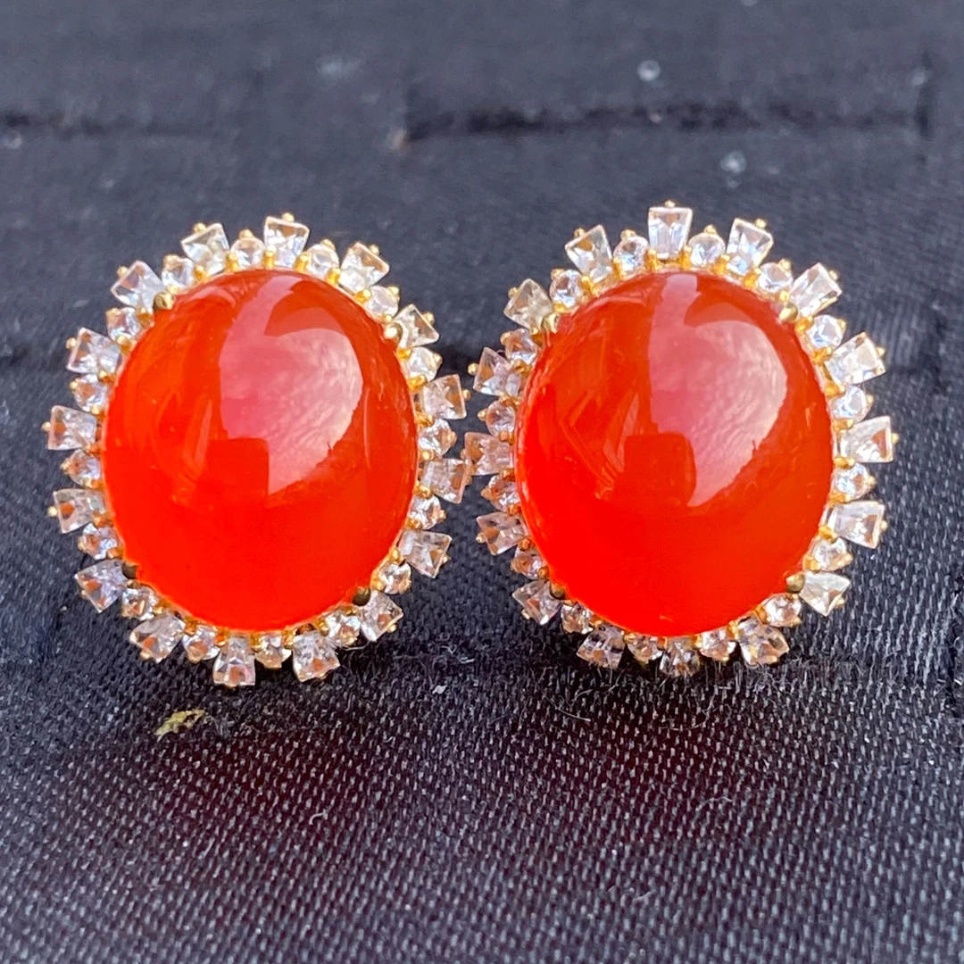 纯天然原矿18k金镶嵌南红玛瑙椭圆耳钉高冰高荧光宝石红时尚大气