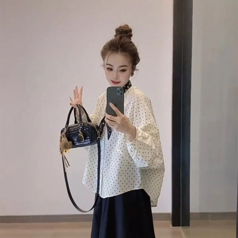 法式蝴蝶结波点长袖衬衫女早春季大码胖mm显瘦中长款洋气减龄衬衣
