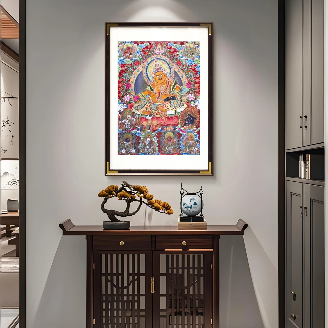 新中式黄财神唐卡茶室玄关装饰画客厅背景墙挂画餐厅入户财神5070