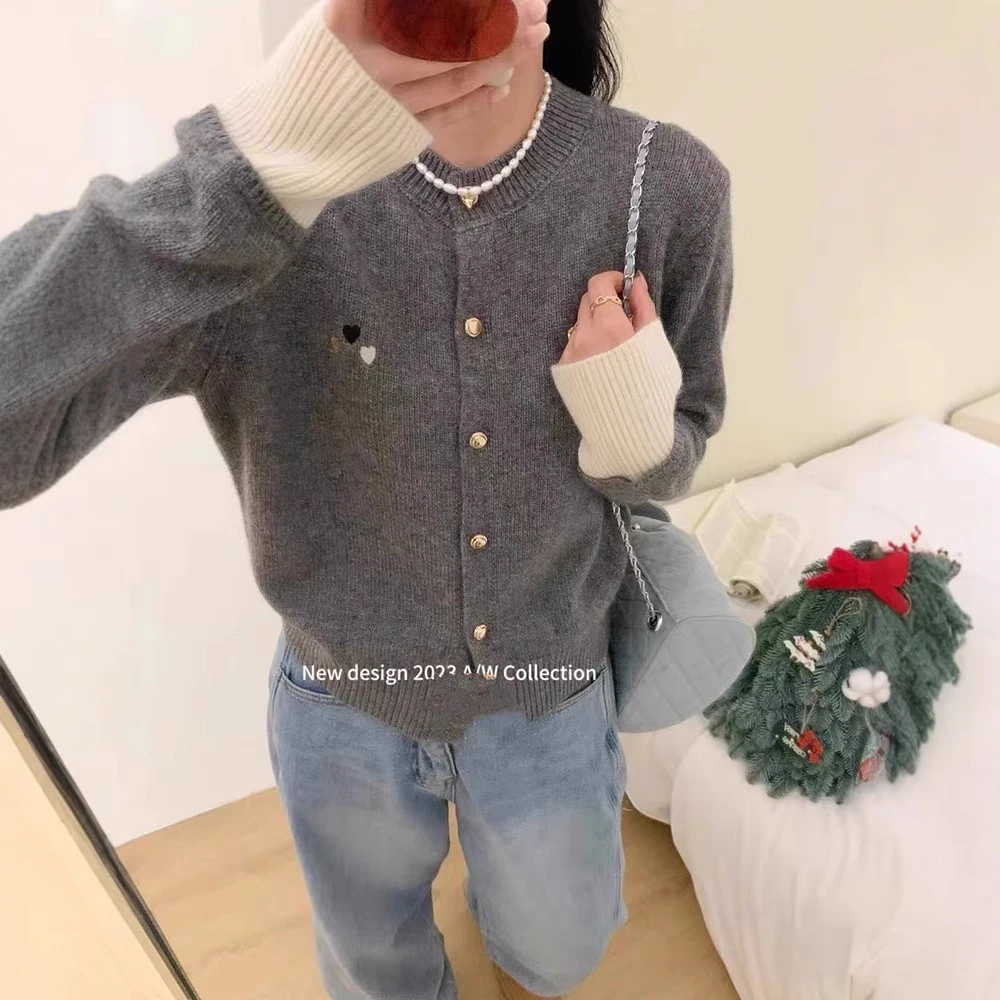 休闲风韩系小个子短款精纺羊毛开衫撞色心心小刺绣圆领秋冬新款减