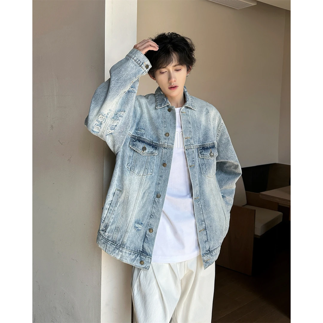 美式水洗破洞做旧牛仔外套春秋机车高街休闲痞帅多口袋工装夹克男