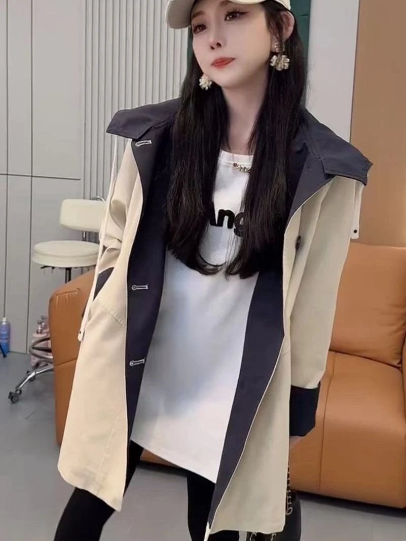 2025秋装新款宽松休闲风衣夹克衣潮小个子中长款连帽时尚短外套女