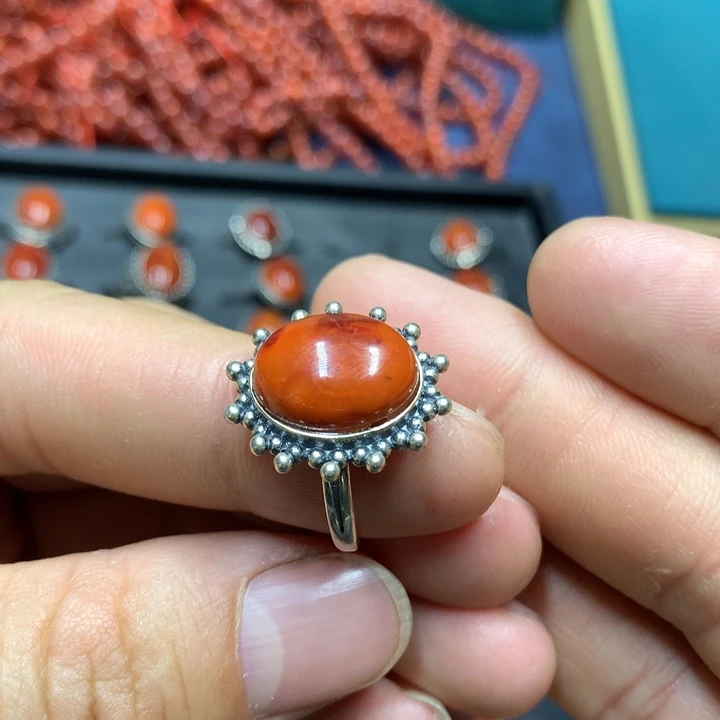 南红玛瑙戒指银S925镶嵌