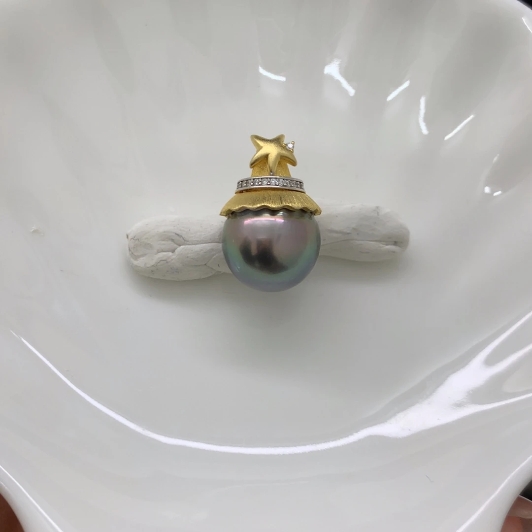 海水珍珠吊坠(不含链)银S925镶嵌大溪地吊坠12.8mm