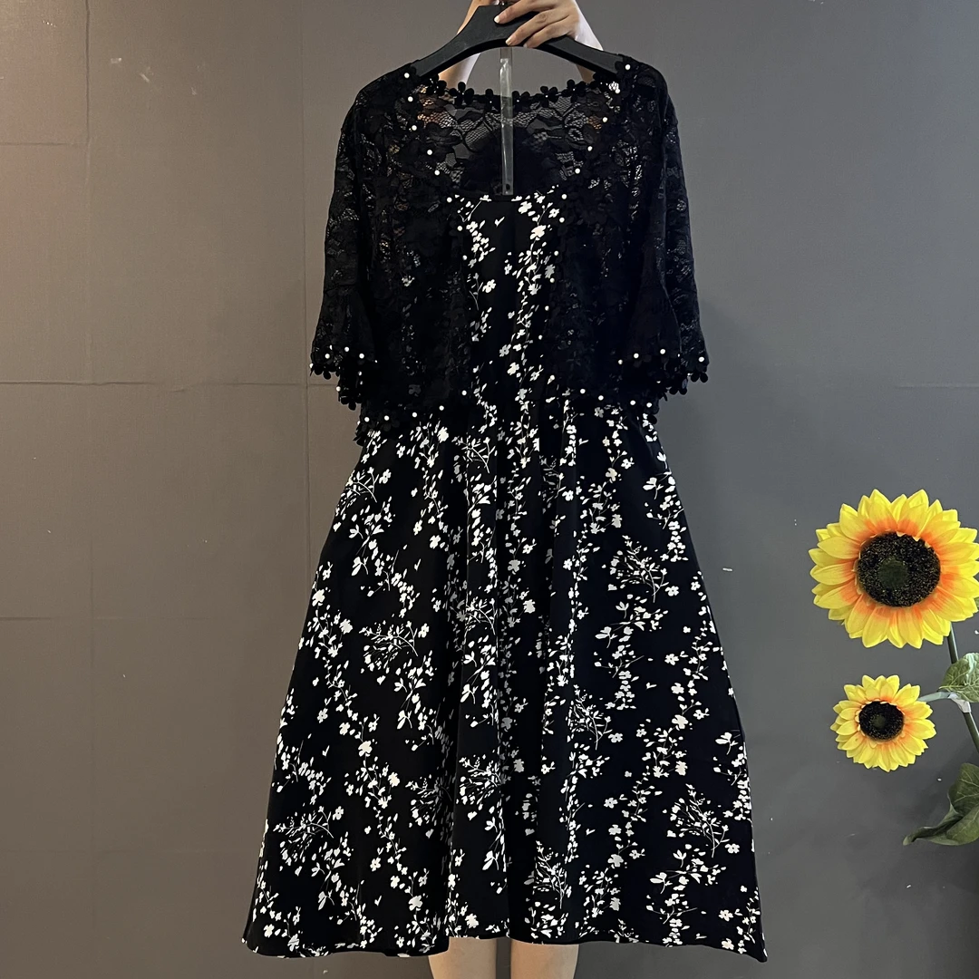 轻熟风法式蕾丝花朵短袖外披遮肉显瘦吊带碎花连衣裙两件套193