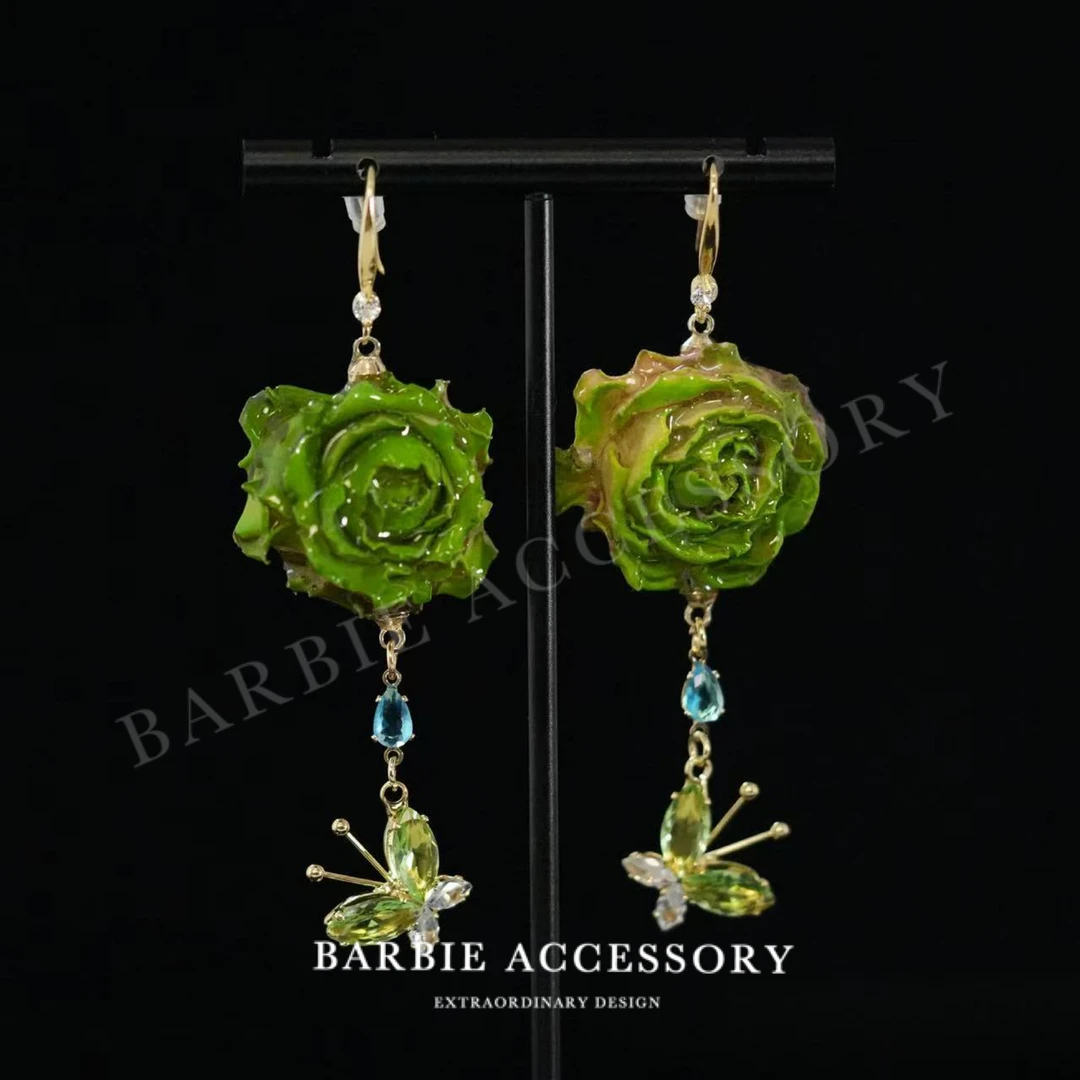 铜合金合成锆石耳饰 【绿蝶之瑰】法式既视设计款高级感绝美耳环