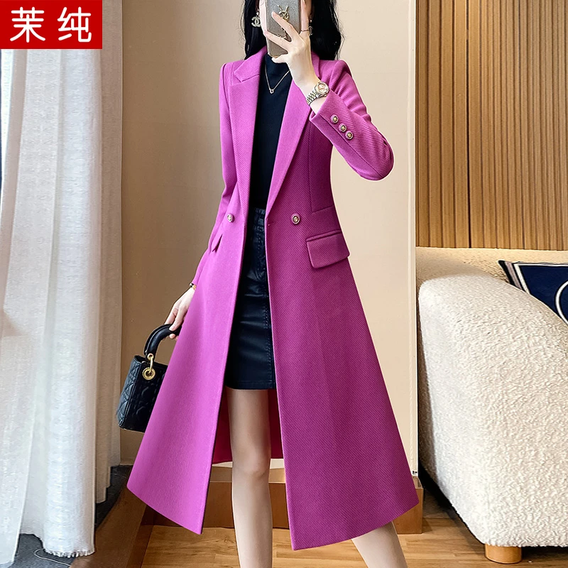 风衣外套女玫红色韩版独特超新款长款大衣秋冬款加厚职场正装外衣