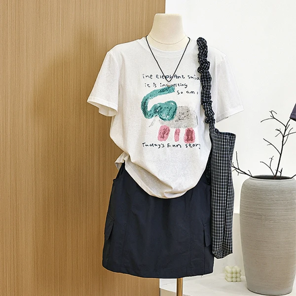 彩色大象涂鸦印花短袖t恤女夏季薄款宽松外穿休闲百搭圆领上衣潮
