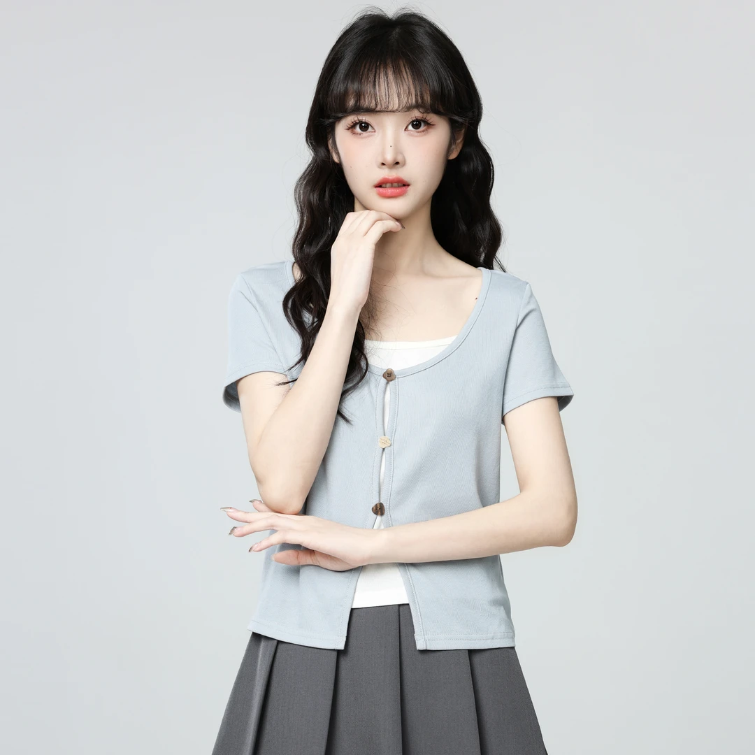 蓝色不规则短袖T恤女夏2025夏季新款撞色假两件拼接体恤短款上衣