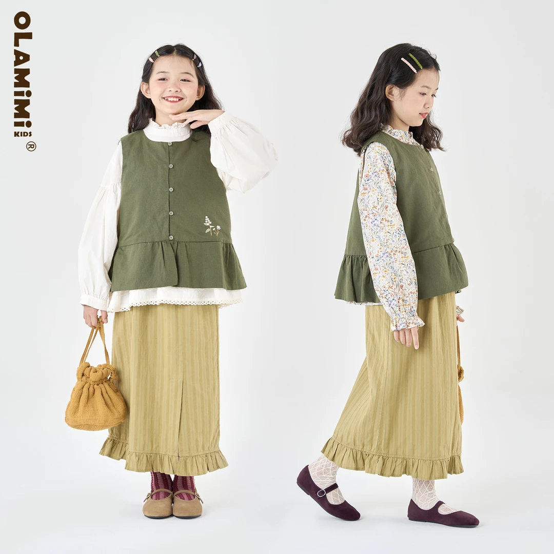 OLAMIMI童装 亲子森系无袖文艺简约精致小花刺绣背心马甲