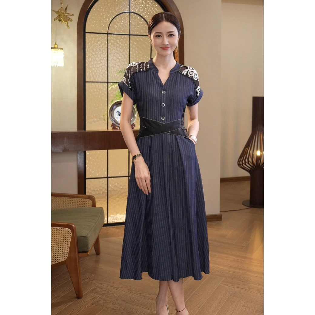 现货2025年夏季新款【H-X527】刺绣拼接软牛仔收腰显瘦中长款气质裙