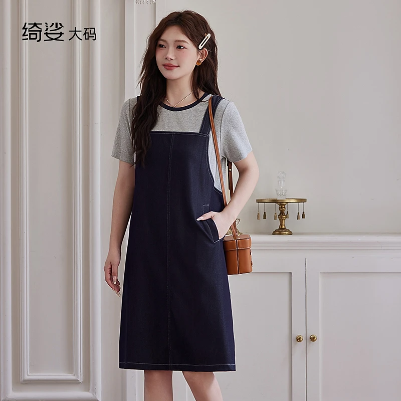 绮娑假两件拼接牛仔裙夏装新款宽松直筒短袖假两件大码胖MM连衣裙