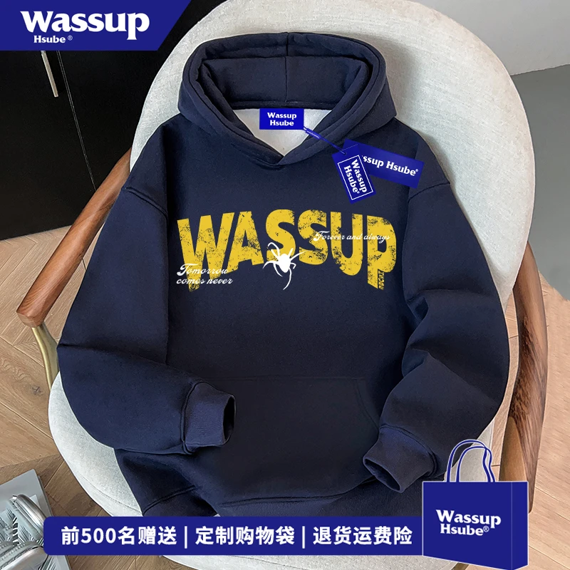 WASSUP HSUBE美式hiphop街头高级感连帽卫衣男秋冬季蜘蛛字母上衣