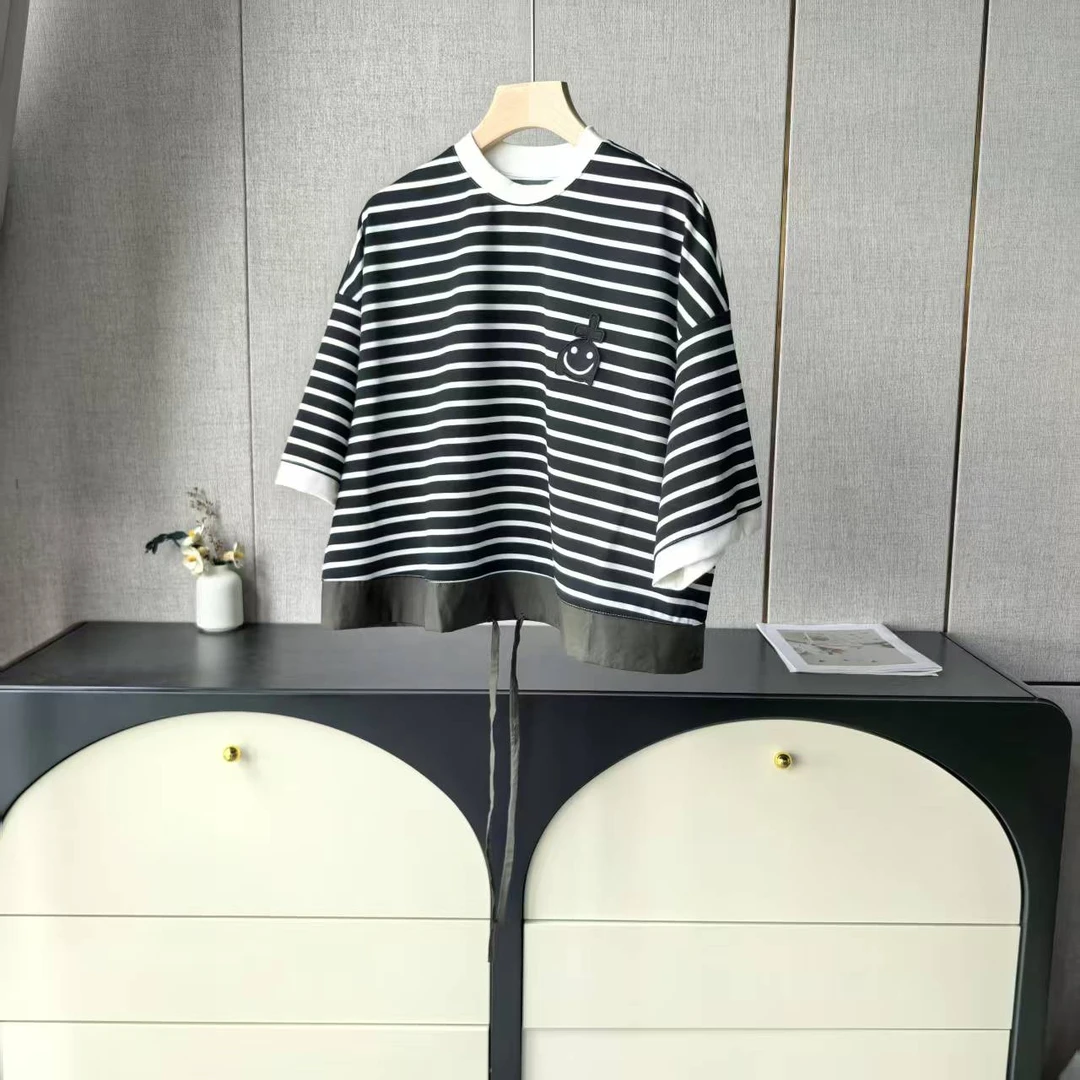 木子家 I  【笑脸条纹短袖】24052下摆撞色抽绳短袖