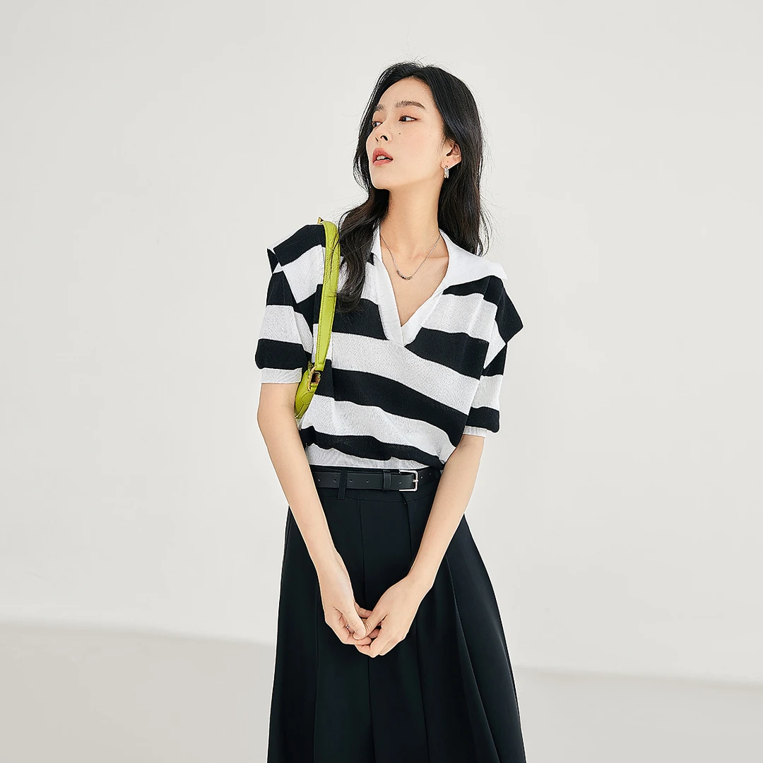 D01对白杜鹃同款条纹针织短袖POLO领宽松上衣DDO053