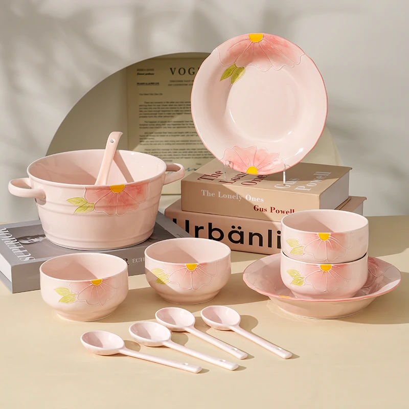 【清晨物语】陶瓷高温手绘釉下彩家用大套装12件套精致小清新餐具
