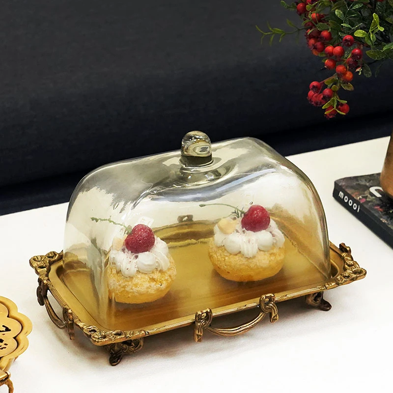 印度进口手工复古高脚黄铜长方加厚玻璃蛋糕盘奢华防尘收纳盘摆件