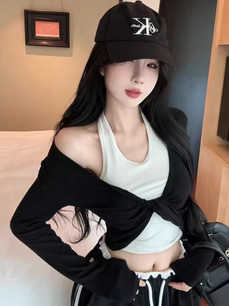 时尚辣妹性感露脐U领挂脖假两件长袖T恤女秋季新款修身上衣801